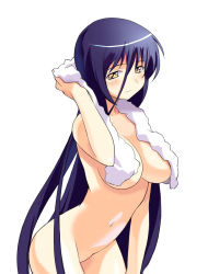 Rule 34 | 1girl, blue hair, blush, breasts, covering privates, cowboy shot, hair between eyes, long hair, no bra, nude, nude cover, sikorsky, simple background, solo, towel, towel around neck, very long hair, white background, yellow eyes