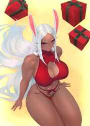 Rule 34 | 1girl, abs, animal ears, artist name, bare arms, bare shoulders, bikini, boku no hero academia, bow, breasts, christmas, cleavage cutout, clothing cutout, dark-skinned female, dark skin, feet out of frame, gabriel carrasquillo, gift, highres, large breasts, long eyelashes, long hair, looking at viewer, mirko, mistletoe, muscular, muscular female, nail polish, navel, parted bangs, rabbit ears, rabbit girl, red bikini, red bow, red eyes, red nails, sitting, solo, swimsuit, tankini, thick thighs, thighs, very long hair, white hair, yellow background