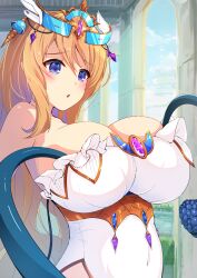 Rule 34 | 1girl, aphrodite (kamihime project), bare shoulders, blonde hair, blue eyes, blush, breasts, brooch, cleavage, covered navel, dot nose, eari, frills, hair between eyes, highres, huge breasts, indoors, jewelry, kamihime project, long hair, looking ahead, open mouth, parted lips, solo, tentacles, tiara, upper body