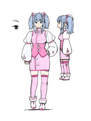 Rule 34 | 1girl, ankle boots, blue eyes, blue hair, boots, closed mouth, copyright request, hair ornament, hand on own hip, highres, juliet sleeves, kneehighs, long sleeves, looking at viewer, medium hair, multiple views, pencil skirt, pink skirt, pink socks, poronegi, puffy sleeves, simple background, skirt, socks, twintails, underbust, white background, white footwear