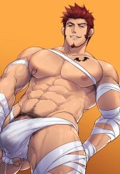 Rule 34 | 1boy, abs, bandages, bara, bare pectorals, bat tattoo, biceps, blue eyes, brown hair, bulge, chachi (soulga), chest tattoo, cum, cum in clothes, cum through clothes, facial hair, fate/grand order, fate (series), flaccid, from below, gluteal fold, goatee, halloween, halloween costume, large pectorals, long sideburns, male focus, male pubic hair, muscular, naked bandage, napoleon bonaparte (fate), navel, navel hair, nipple piercing, nipples, pectorals, penis, penis peek, piercing, pubic hair, scar, scar on chest, short hair, sideburns, smirk, solo, soulga3, spread legs, stubble, tattoo, thick thighs, thighs, veins