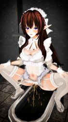 Rule 34 | 1girl, 3d, bathroom, blue eyes, blush, bow, bowtie, breasts, brown hair, fingerless gloves, fishnets, garter belt, garter straps, gloves, grey footwear, hands on own knees, highres, large breasts, long hair, looking at viewer, maid, maid headdress, navel, open mouth, peeing, pointy ears, pussy, shirt, shoes, short sleeves, skirt, socks, squat toilet, squatting, tears, thighhighs, toilet, toilet use, uncensored, wall, white gloves, white neckwear, white shirt, white skirt, white thighhighs