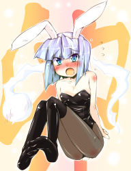 Rule 34 | 1girl, absurdres, alternate costume, animal ears, bare shoulders, black pantyhose, black thighhighs, blue eyes, blush, feet, female focus, fishnet pantyhose, fishnets, full body, ghost, gradient background, hairband, highres, kemonomimi mode, konpaku youmu, konpaku youmu (ghost), leotard, narumiya (narumiya), open mouth, pantyhose, playboy bunny, rabbit ears, rabbit tail, short hair, silver hair, solo, tail, thighhighs, touhou