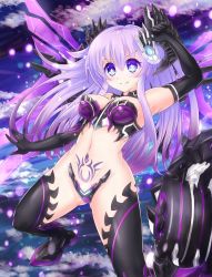 Rule 34 | 1girl, bandeau, bare shoulders, blue eyes, breasts, bustier, cleavage, cowboy shot, crotch plate, elbow gloves, gloves, hair ornament, highres, kazuneko (wktk1024), long hair, mechanical wings, medium breasts, midriff, navel, nepgear, nepnep connect: chaos chanpuru, neptune (series), outdoors, pubic tattoo, purple hair, purple sister, purple sister (chaos form), revealing clothes, smile, solo, stomach, symbol-shaped pupils, tattoo, thighhighs, wings