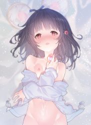 Rule 34 | 1girl, animal ears, badge, black hair, blush, breasts, collarbone, cum, cum on body, cum on stomach, fake animal ears, granblue fantasy, hair ornament, hairband, long sleeves, looking at viewer, lying, mouse ears, navel, nipples, off shoulder, on back, open clothes, open mouth, open shirt, red eyes, sawayaka samehada, short hair, small breasts, solo, unworn hairband, vikala (granblue fantasy)
