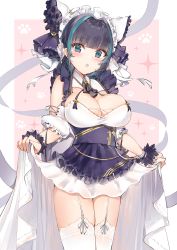 Rule 34 | 1girl, absurdres, azur lane, black dress, black hair, blue eyes, blue hair, blunt bangs, blush, border, breasts, cheshire (azur lane), chestnut mouth, cleavage, clothes lift, clothing cutout, cowboy shot, curtsey, detached sleeves, dress, dress lift, fang, frilled headband, frills, garter straps, highres, large breasts, lifting own clothes, looking at viewer, maid headdress, multicolored hair, nail polish, open mouth, pink background, puffy detached sleeves, puffy sleeves, shoulder cutout, skin fang, skirt, skirt lift, solo, sparkle, standing, streaked hair, thighhighs, thighs, two-tone hair, underbust, white border, white thighhighs, wrist cuffs, yukineko1018