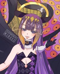 1girl, artist name, bare shoulders, black gloves, blush, choker, clothing cutout, cropped, eyebrows visible through hair, flaming eyes, fur-trimmed choker, fur trim, gloves, gradient, gradient hair, halo, highres, hololive, hololive english, long hair, minxei, mole, mole under eye, multicolored hair, ninomae ina&#039;nis, parted lips, patterned, patterned clothing, purple eyes, purple hair, solo, tentacle, tentacle hair, virtual youtuber, watermark