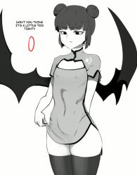 Rule 34 | 1girl, animated, animated gif, black hair, breast expansion, breasts, china dress, chinese clothes, corona-chan, coronavirus, demon wings, dress, english text, flat chest, greyscale, huge breasts, lactation, large breasts, medium breasts, monochrome, nipples, solo, tagme, thighhighs, wildart, wings