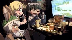 Rule 34 | 1boy, 2girls, animal ears, black hair, blonde hair, drink, drooling, eating, furry, glasses, green eyes, hat, karaoke, made in abyss, mechanical arms, microphone, multiple girls, music, nanachi (made in abyss), photo background, pointy ears, regu (made in abyss), riko (made in abyss), singing, single mechanical arm, uchuu ika, white hair