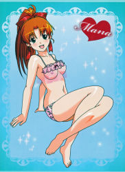 Rule 34 | 1girl, barefoot, blue background, breasts, character name, covered erect nipples, full body, green eyes, high ponytail, highres, long hair, looking at viewer, mana (super real mahjong), navel, nipples, official art, open mouth, orange hair, panties, revealing clothes, see-through, solo, super real mahjong, tanaka ryou, underwear