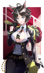 Rule 34 | 1girl, ahoge, animal ears, black gloves, black hair, black jacket, black necktie, black pants, blue eyes, border, bouquet, breasts, center opening, chest belt, cleavage, closed mouth, collared shirt, commentary, cowboy shot, dress shirt, ear ornament, ear piercing, flower, formal, frilled shirt, frills, fuji kiseki (umamusume), gloves, gold trim, highres, holding, holding bouquet, horse ears, horse girl, jacket, large breasts, leather belt, long sleeves, looking at viewer, multicolored hair, necktie, no bra, outside border, pants, piercing, poppoman, red flower, revealing clothes, shirt, short hair, smile, solo, standing, streaked hair, umamusume, underbust, white border, white hair, white shirt