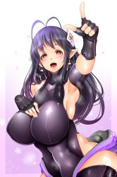 Rule 34 | 1girl, antenna hair, arm up, armpits, bare shoulders, black gloves, black hair, blush, breasts, curvy, earrings, female focus, fingerless gloves, gloves, hair ornament, hand on own chest, heart, heart-shaped pupils, highres, huge breasts, jewelry, katori (pso2), large breasts, long hair, looking at viewer, mole, mole under eye, open mouth, phantasy star, phantasy star online 2, pointy ears, red eyes, smile, solo, sweat, symbol-shaped pupils, teeth, thighhighs, uni mate, wide hips