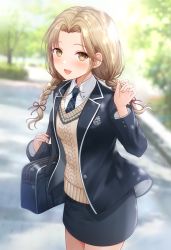 Rule 34 | 1girl, :d, alternate costume, bag, black jacket, black skirt, blazer, blush, braid, brown eyes, day, hand up, highres, jacket, kirifrog, long sleeves, low twintails, necktie, nijisanji, open mouth, outdoors, school bag, school uniform, sister claire, sister claire (8th costume), skirt, smile, standing, sweater vest, twin braids, twintails, virtual youtuber