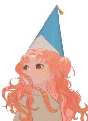 Rule 34 | 1girl, absurdres, brown eyes, dress, hat, highres, long hair, orange hair, pointy hat, simple background, solo, star sticker, sticker on face, tethia (tongari boushi no atelier), tongari boushi no atelier, two side up, upper body, wavy hair, white background, wonemie
