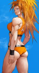 Rule 34 | 1girl, absurdres, ass, bandaid, bandaid on face, blue sky, breasts, buruma, captain mizuki, clothes writing, cloud, day, earrings, from behind, highres, jewelry, long hair, looking at viewer, looking back, medium breasts, midriff, muscular, muscular female, one-punch man, open mouth, orange buruma, orange hair, ponytail, purple eyes, revision, simple background, sky, solo, standing, teeth, thighs, yoshio (55level)