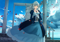 Rule 34 | 1girl, blue dress, breasts, closed mouth, cloud, cloudy sky, commentary request, day, dress, gloves, green eyes, headdress, holding, juliet sleeves, light smile, long hair, long sleeves, looking at viewer, masoo, medium breasts, original, outdoors, petals, puffy sleeves, silver hair, sky, solo, stairs, standing, sunlight, vase, white gloves, wind