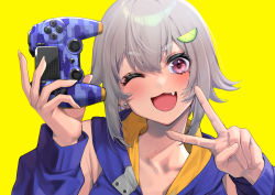 Rule 34 | 1girl, ;d, blush, controller, earrings, fang, food-themed hair ornament, game controller, grey hair, hair ornament, hayama marin, highres, holding, holding controller, holding game controller, hood, hoodie, jewelry, lime hair ornament, looking at viewer, mikan (chipstar182), nijisanji, one eye closed, open mouth, purple hoodie, red eyes, short hair, simple background, smile, solo, thick eyebrows, upper body, v, virtual youtuber, yellow background