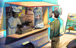 Rule 34 | 1girl, 2boys, black hair, chef, chef hat, commission, day, drd1, food truck, goggles, green shirt, gun, hand up, hat, highres, index finger raised, mask, menu board, motor vehicle, multiple boys, orange eyes, original, outdoors, shirt, short hair, standing, suitcase, truck, water gun, weapon, white hair