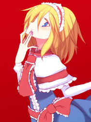 Rule 34 | 1girl, alice margatroid, ascot, blonde hair, blue eyes, capelet, hairband, kuresento, nail polish, red background, red nails, sash, solo, touhou