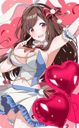 Rule 34 | 1girl, animal ears, arm up, armpits, artist request, balloon, bare shoulders, bow, bowtie, breasts, brown hair, detached collar, fake animal ears, hair bow, hair ribbon, heart balloon, highres, idolmaster, idolmaster shiny colors, large breasts, looking at viewer, miniskirt, navel, open mouth, pink eyes, rabbit ears, ribbon, skirt, sleeveless, solo, tsukioka kogane, white skirt, wrist cuffs