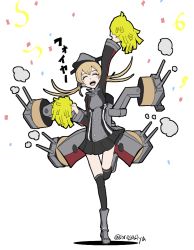 Rule 34 | 10s, 1girl, ^ ^, bad id, bad pixiv id, boushi-ya, brown hair, cheerleader, closed eyes, closed eyes, hat, kantai collection, leg up, long hair, looking at viewer, machinery, open mouth, peaked cap, pleated skirt, pom pom (cheerleading), prinz eugen (kancolle), skirt, smile, solo, turret, twintails, twitter username