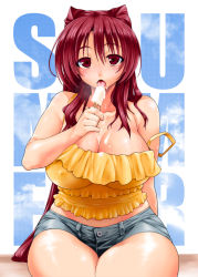 Rule 34 | 1girl, bare shoulders, breasts, camisole, cleavage, collarbone, covered erect nipples, curvy, food, food on body, kousaka tamaki, large breasts, legs together, long hair, looking at viewer, md5 mismatch, melting, midriff, off shoulder, ponytail, popsicle, red eyes, red hair, short shorts, shorts, sitting, solo, strap slip, sweat, thick thighs, thighs, to heart (series), to heart 2, tongue, very long hair, yamaguchi homupe