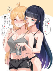 Rule 34 | 2girls, absurdres, ahoge, beer can, black bra, black panties, black shorts, blonde hair, blush, bocchi the rock!, bra, breasts, camisole, can, closed mouth, collarbone, colored inner hair, commentary request, cowboy shot, dolphin shorts, drink can, ear licking, forked tongue, green eyes, grey camisole, hand on another&#039;s stomach, hand up, highres, holding, holding can, ijichi seika, large breasts, licking, long hair, multicolored hair, multiple girls, navel, one eye closed, pa-san, panties, parted lips, purple hair, red eyes, saliva, saliva trail, shorts, speech bubble, tongue, tongue out, translation request, two-tone background, underwear, underwear only, wata9mm no, white background, yellow background, yuri