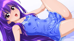 Rule 34 | 1girl, absurdres, blue one-piece swimsuit, casual one-piece swimsuit, collarbone, flat chest, highres, long hair, looking at viewer, lying, one-piece swimsuit, original, polka dot, polka dot swimsuit, purple eyes, purple hair, smile, solo, sugimura tomokazu, swimsuit, swimsuit skirt