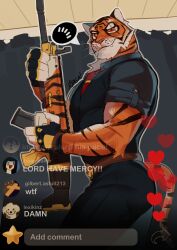 Rule 34 | 1boy, absurdres, animal ears, ass, bara, daga (hexedcoin), english text, fortnite, from side, furry, furry male, heart, highres, holding, holding pole, instagram, large pectorals, livestream, male focus, mature male, muscular, muscular male, necktie, orange fur, oscar (fortnite), pectorals, pole, pole dancing, seductive smile, short hair, smile, solo, stripper pole, thick eyebrows, tiger boy, tiger ears, vest, white fur