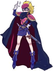 Rule 34 | 1girl, armor, bare legs, blonde hair, blue mage (final fantasy), boots, child, feathers, final fantasy, final fantasy v, gem, gloves, hand on own hip, hat, krile mayer baldesion (ff5), pauldrons, ponytail, pouch, red gemstone, saitou piyoko, shoulder armor, solo, star (symbol), sword, thigh strap, weapon