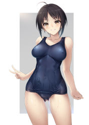 Rule 34 | 1girl, absurdres, ahoge, black hair, blue one-piece swimsuit, blush, breasts, clenched hand, collarbone, contrapposto, covered erect nipples, covered navel, cowboy shot, crotch seam, dripping, gluteal fold, grin, groin, hair intakes, highres, impossible clothes, impossible swimsuit, kanata (kanata onion), looking at viewer, medium breasts, old school swimsuit, one-piece swimsuit, original, outside border, parted bangs, school swimsuit, shiny clothes, shiny skin, short hair, sidelocks, smile, solo, standing, swimsuit, v, wet, wet clothes, wet swimsuit, yellow eyes