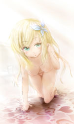 Rule 34 | 10s, 1girl, all fours, blonde hair, blue eyes, blush, boku wa tomodachi ga sukunai, breasts, butterfly hair ornament, completely nude, female focus, hair ornament, hanging breasts, highres, kashiwazaki sena, long hair, looking at viewer, nipples, nude, solo, suama unagi