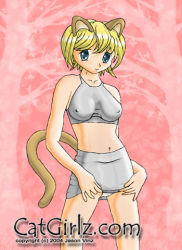 Rule 34 | 00s, 1girl, 2004, animal ears, blonde hair, blue eyes, breasts, cat ears, cat girl, cat tail, clothes lift, collarbone, covered erect nipples, grey shirt, grey skirt, jason vinz, large breasts, looking at viewer, lowres, midriff, navel, panties, pink background, shirt, short hair, skirt, skirt lift, sleeveless, sleeveless shirt, smile, standing, tail, underwear, white panties