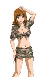 Rule 34 | 1girl, arm up, ato (ikkitousen), breasts, brown eyes, brown hair, camouflage, camouflage skirt, cleavage, collarbone, earrings, eyebrows, front-tie top, ikkitousen, jewelry, large breasts, magatama, magatama earrings, matching hair/eyes, midriff, navel, no bra, open mouth, shiny skin, shirt, short hair, simple background, skirt, solo, tied shirt, white background