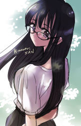 1girl arms_behind_back black-framed_eyewear black_hair breasts character_name commentary_request copyright_name expressionless glasses himawari-san himawari-san_(character) long_hair looking_at_viewer looking_back medium_breasts purple_eyes shirt skirt solo standing sugano_manami upper_body white_shirt