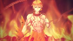 Rule 34 | 1boy, armor, blonde hair, chain, ea (fate/stay night), earrings, enkidu (weapon) (fate), fate/hollow ataraxia, fate (series), fire, gilgamesh (fate), highres, jewelry, male focus, red eyes, topless male, solo, tattoo, ym (snovee)