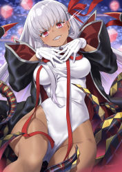 Rule 34 | 1girl, bare shoulders, bat wings, bb (fate), bb (fate) (all), bb (swimsuit mooncancer) (fate), bb (swimsuit mooncancer) (third ascension) (fate), black coat, blush, breasts, coat, cube, dark-skinned female, dark skin, fate/grand order, fate (series), gloves, grin, hair ribbon, highleg, highleg leotard, highres, large breasts, leotard, long hair, looking at viewer, neck ribbon, open clothes, open coat, popped collar, purple hair, red eyes, red ribbon, ribbon, smile, solo focus, tan, tentacles, thighs, tyone, very long hair, white gloves, white leotard, wings