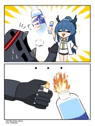 Rule 34 | ..., 1girl, 1other, 2koma, alcohol, ambiguous gender, arknights, blue hair, burning, comic, doctor (arknights), dragon girl, dragon horns, english text, gloves, highres, holding, holding lighter, horns, lighter, ling (arknights), pocari sweat, soda bottle, sweatdrop, tofudofu, vodka