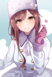 Rule 34 | 1girl, absurdres, blush, brown hair, closed mouth, coat, fur collar, fur hat, fur trim, gloves, hat, highres, idolmaster, idolmaster shiny colors, long hair, long sleeves, looking at viewer, odecono3, osaki amana, pink gloves, smile, solo, swept bangs, white coat, white hat, winter clothes, yellow eyes