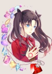 Rule 34 | 1girl, blue eyes, brown hair, command spell, fate/stay night, fate (series), gem, hair ribbon, ribbon, solo, suguri (neroli), tohsaka rin, two side up