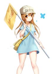 Rule 34 | 10s, 1girl, bag, blue shirt, blush, brown eyes, brown hat, character name, closed mouth, clothes writing, collarbone, commentary request, fingernails, flag, flat cap, hand up, hat, hataraku saibou, highres, holding, holding flag, light brown hair, long hair, platelet (hataraku saibou), seero, shirt, short sleeves, shoulder bag, simple background, smile, solo, standing, very long hair, white background