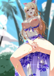 Rule 34 | 1girl, beach, blonde hair, bottomless, breasts, breasts out, censored, highres, large breasts, long hair, nipples, no panties, open mouth, original, outdoors, peeing, peeing on viewer, pussy, sakamata (sakamata4), sarong, solo, spread pussy, standing, swimsuit, yellow eyes