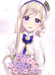 Rule 34 | 1girl, alicia florence, aogirism, aria (manga), aria company uniform, beret, blonde hair, blue bow, blue bowtie, blush, bouquet, bow, bowtie, braid, braided ponytail, capelet, commentary request, dress, flower, gold trim, hair between eyes, hand up, hat, highres, holding, holding bouquet, long hair, long sleeves, looking at viewer, open mouth, parted bangs, pink background, purple eyes, sidelocks, solo, upper body, very long hair, white capelet, white dress, white hat