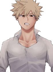 Rule 34 | 1boy, bakugou katsuki, blonde hair, boku no hero academia, collared shirt, highres, looking at viewer, male focus, pectoral cleavage, pectorals, red eyes, sabizarts, shirt, simple background, solo, spiked hair, teeth, upper body, white background, white shirt