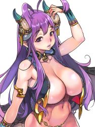 Rule 34 | 1girl, blush, body blush, breasts, choker, earrings, f.s., hoop earrings, horns, jewelry, large breasts, long hair, navel, nose blush, open clothes, open shirt, out-of-frame censoring, purple hair, revealing clothes, shiny skin