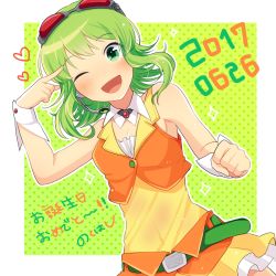 Rule 34 | 1girl, ;d, arm up, bare shoulders, belt, blush, border, breasts, buttons, cleavage, clenched hand, collar, commentary request, cowboy shot, dated, detached collar, dress, frilled skirt, frills, goggles, goggles on head, green background, green belt, green eyes, green hair, gumi, headpiece, heart, looking at viewer, navel, nokuhashi, one eye closed, open mouth, outline, polka dot, polka dot background, red-tinted eyewear, see-through, shirt, short hair, skirt, sleeveless, sleeveless shirt, small breasts, smile, solo, sparkle, standing, tinted eyewear, undershirt, vest, vocaloid, white border, white collar, white outline, wrist cuffs, yellow shirt
