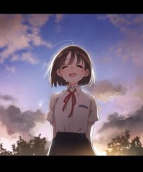Rule 34 | 1girl, arms behind back, blue skirt, bob cut, booota, brown hair, closed eyes, cloud, collared shirt, crying, evening, letterboxed, open mouth, original, outdoors, pleated skirt, red neckwear, school uniform, shirt, short hair, short sleeves, skirt, sky, solo, standing, tears, tree, uniform, white shirt