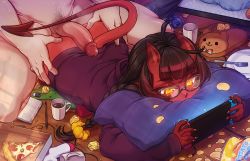 Rule 34 | 1boy, 1girl, ahoge, ass, ass grab, black hair, book, braid, chips (food), colored skin, cup, demon girl, demon horns, demon tail, food, fork, glasses, grabbing another&#039;s ass, groping, hair ornament, hair scrunchie, handheld game console, hetero, highres, holding, holding handheld game console, hood, hood down, hoodie, horns, imminent penetration, indoors, long hair, long sleeves, lying, male pubic hair, meruccubus (merunyaa), merunyaa, nintendo switch, on stomach, open book, original, pen, penis, penis on ass, pillow, pizza, pizza slice, plate, potato chips, pubic hair, red skin, scrunchie, solo focus, tail, uncensored, used tissue, yellow eyes
