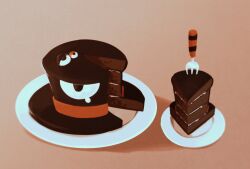 Rule 34 | atoymk, cake, chocolate cake, enraku tsubakura, eye on hat, food, fork, gradient background, highres, large hat, len&#039;en, no humans, plate, simple background