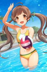 Rule 34 | 1girl, :o, arm up, ball, bare arms, bikini, blue sky, blunt bangs, blush, brown eyes, brown hair, collarbone, cowlick, flat chest, green ribbon, hair ribbon, hakozaki serika, hanamasa ono, holding, holding ball, idolmaster, idolmaster million live!, in water, light particles, looking at viewer, navel, open mouth, pool, ribbon, sky, smile, solo, sparkle, swimsuit, tree, twintails, volleyball, volleyball (object), wading, water, yellow bikini